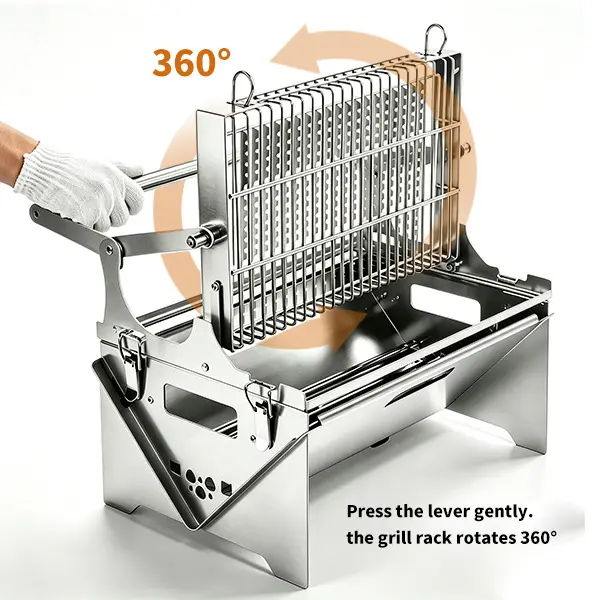 Portable Foldable BBQ Grill｜360° Rotation Stainless Steel｜Camping Picnic Outdoor Grill｜Manual No Power Needed