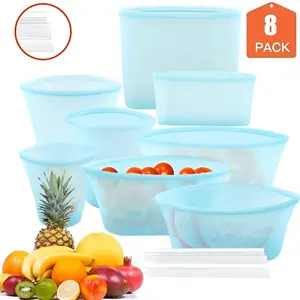 8pcs Reusable Food Storage Bags 100% Platinum Silicone Safe Eco-friendly BPA Free Dishwasher Microwave Safe Leakproof Travel Storage