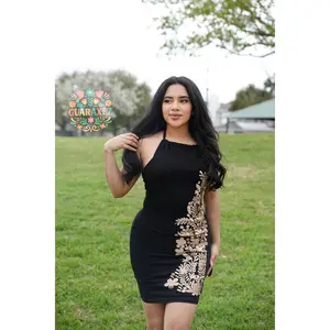 Valentina Dress Gold - Casual Halter Embroidered Dress with Medium Fit for Women