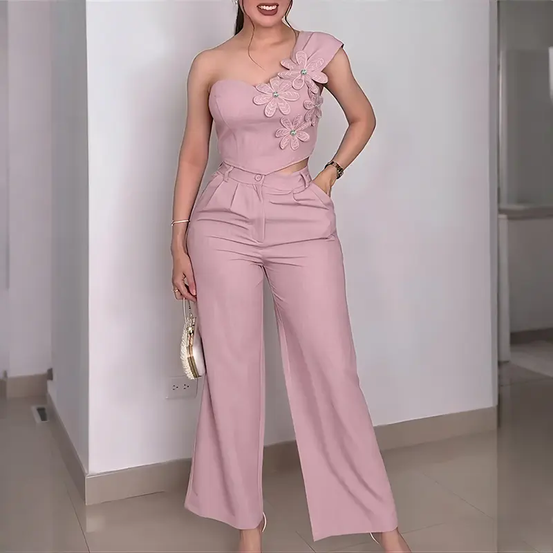 CHICME Women's 2 Pieces Outfit Rhinestone Decor 3D Floral Applique One Shoulder Sleeveless Shirred Back Crop Top and High Waist Zipper Fly Elastic Back Waist Wide Leg Pants Set Casual Asymmetric