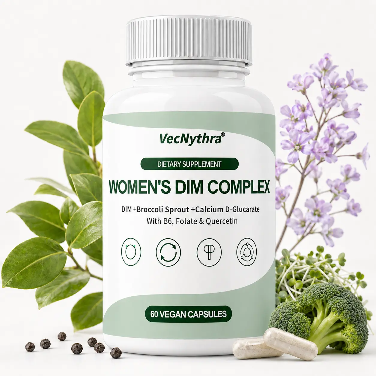 VecNythra Women's 200mg DIM Vegan Herbal Supplements - Healthcare Support with Broccoli Sprout, Quercetin, Calcium D-Glucarate, Vitamin B6, Folate, Prop 65 Safe, 60 Daily Nutritional Capsules