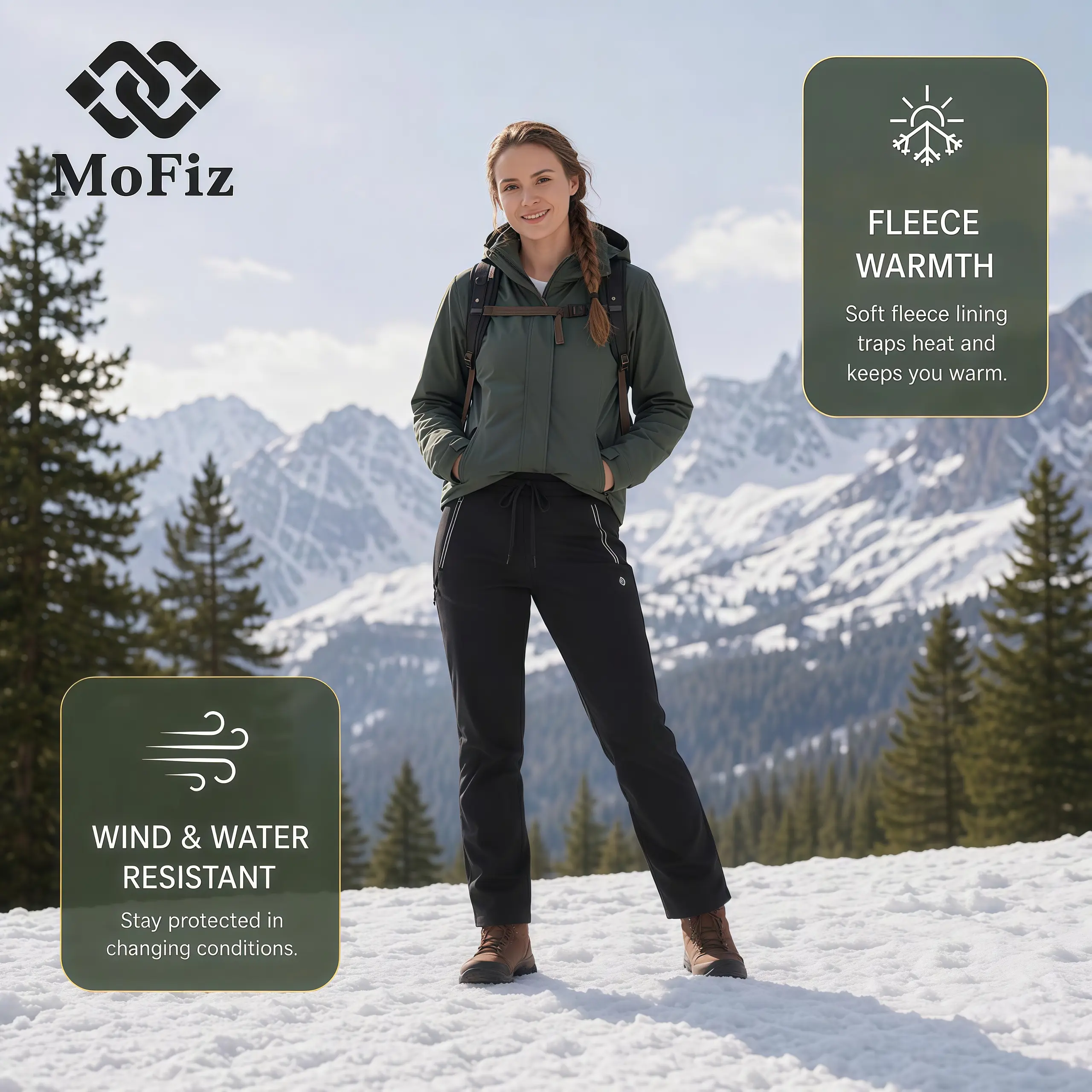 MoFiz Women's Insulated Soft Shell Hiking Pants - Waterproof Winter Outdoor Snow Ski Pants with Zipper Pockets