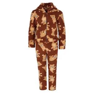 5 More Minutes Girl's Teddy Bear Sherpa Jacket and Pants PJ Set, Long Leg Pajama Sets