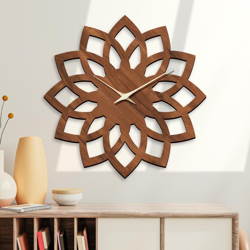 Carved flower shaped wooden wall clock, 16 inch walnut texture unique shaped quartz clock, silent non-ticking battery power supply, thickened 9mm thickness, suitable for living room, bedroom, office decoration
