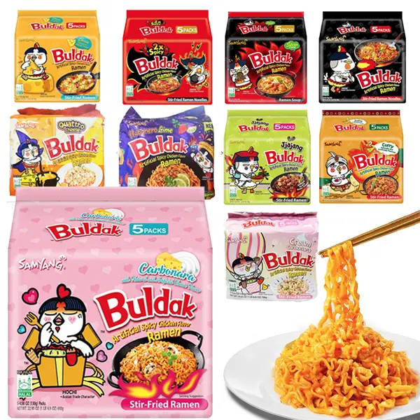 Samyang Buldak Ramen Variety Pack - 5-Pack Trans Fat-Free Spicy Korean Hot Chicken Ambient Instant Noodles, Bags with Garlic, Onion, Chilli, Carbonara, Original, Curry Flavors, Sugar Powder, Corn, Salt for Quick Stir-Fried Food Snacks, Noodle Variety Pack