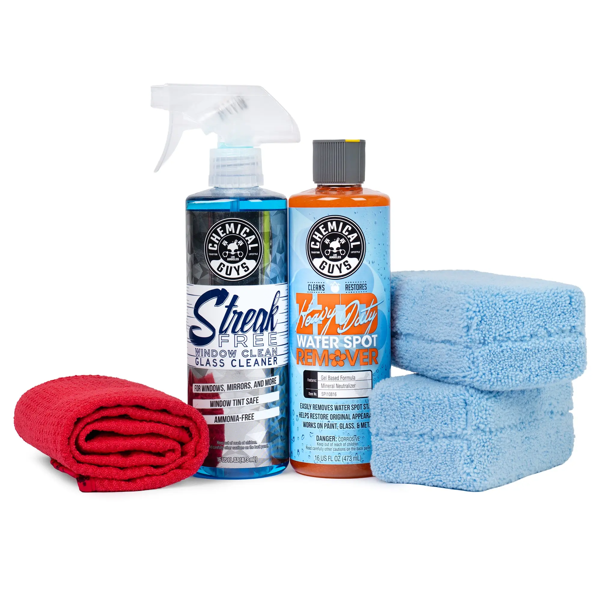 Chemical Guys Heavy Duty Water Spot Remover Car Washing Kit - Streak-Free Glass Cleaner, Waffle Weave Glass Towel, Automotive Detailing Product for Car Detailers, Cleans and Refreshes Windshields, Windows, and Mirrors
