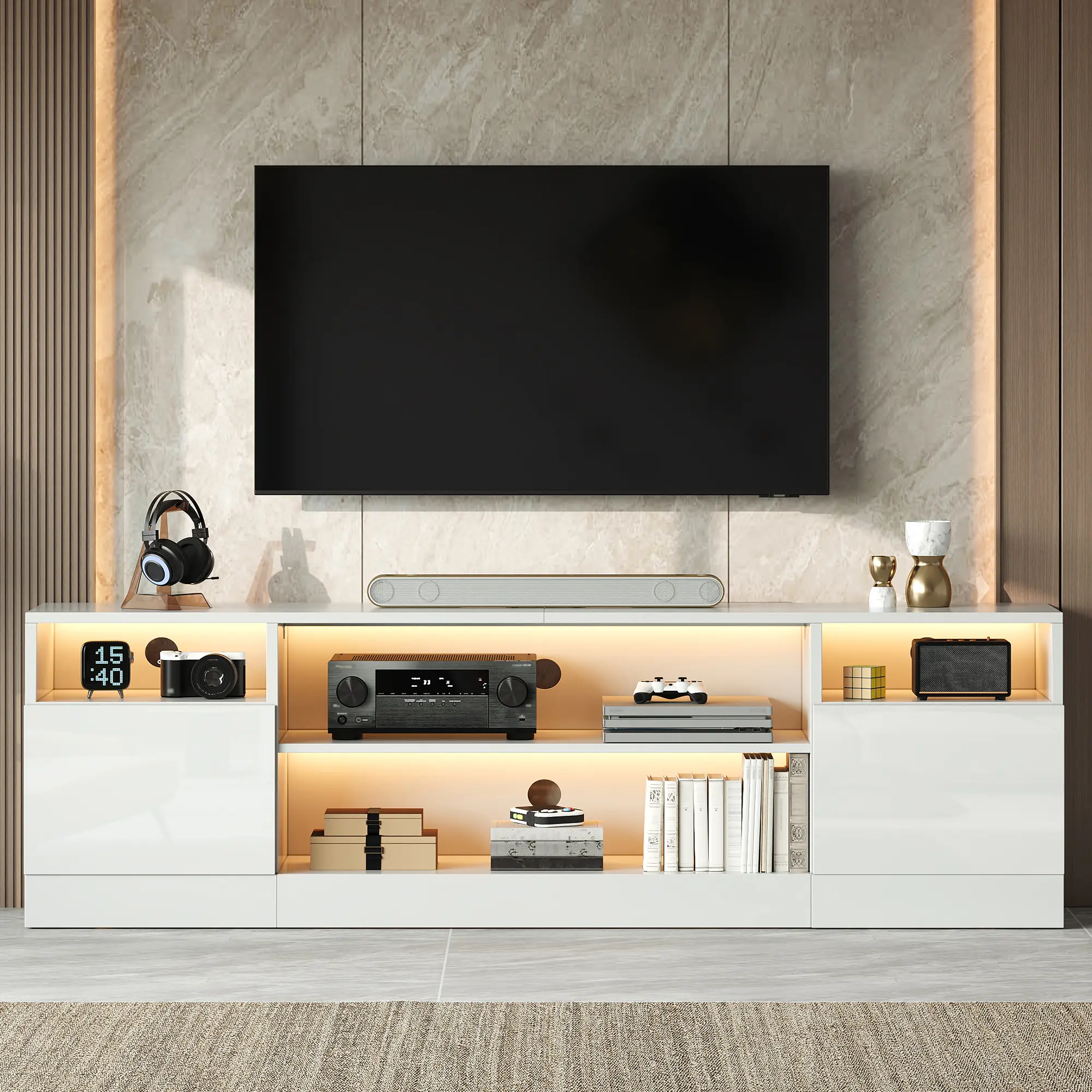 AMERLIFE 70" LED TV Stand for TVs up to 80", Modern Entertainment Center with Storage Cabinets & Open Shelves, TV Console with High-Gloss Doors for Living Room, Bedroom[tiktokshopbacktoschool][SohoChic]