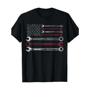 100% Cotton Patriotic Mechanic T-Shirt - American Flag & Tools Design, Casual Crew Neck, Machine Washable - Ideal Gift for Car Repairmen