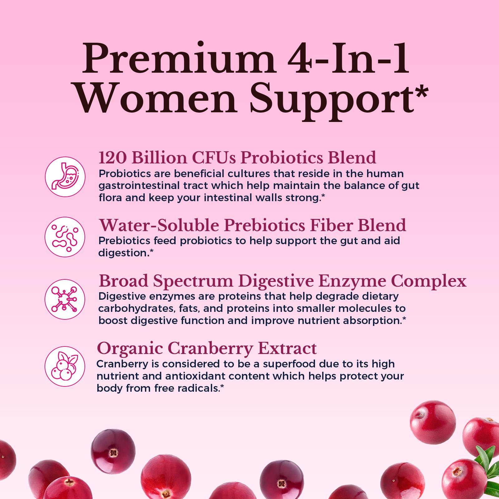 Vitalitown Women's Probiotics,120 Billion CFUs-for pH Balance /Healthy Odor and Tract Support,with Prebiotics,Digestive Enzymes&Cranberry Bathroom