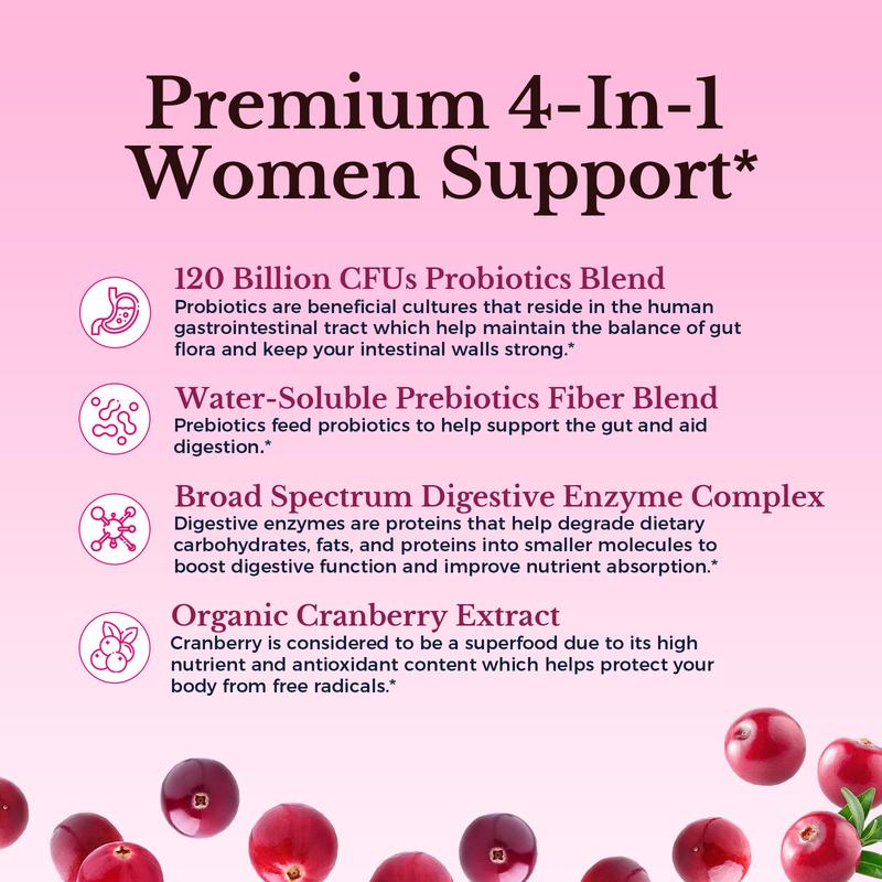 Vitalitown Women's Probiotics,120 Billion CFUs-for pH Balance /Healthy Odor and Tract Support,with Prebiotics,Digestive Enzymes&Cranberry Bathroom