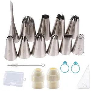 27Pcs Extra Large Piping Tip Set, Including 11 Stainless Steel Cake Decorating Icing Tips Nozzles, 10 Disposable Pastry Bags, 2 Ties, 2 Coupler, Cleaning Brush and Storage Box for Cupcake, Cookie and Puff
