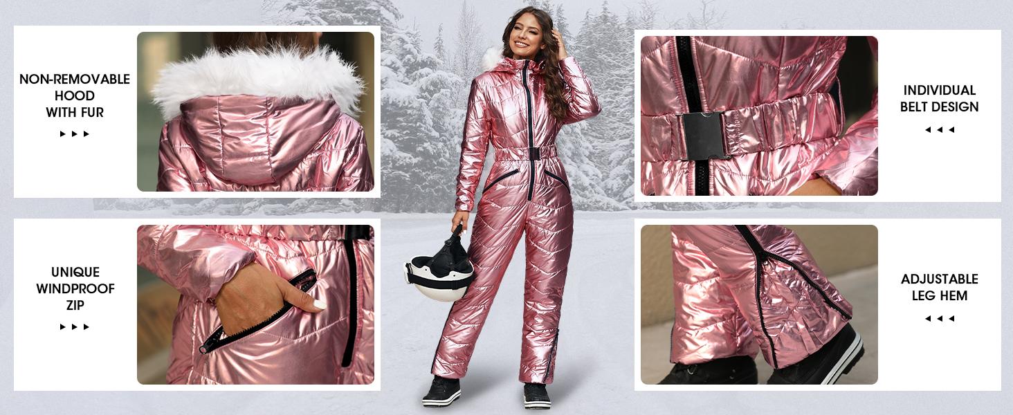 Fisoew Womens One Piece Ski Suit Warm Waterproof Snowsuits Winter Snow Jumpsuits Outdoor Sports Outerwear