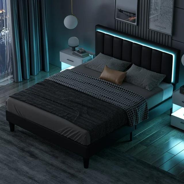 HOMBCK Led Bed Frame, No Mattress, Soft Modern Bed Frame with Luxury Leather Headboard, APP Adiust the Light, No Box Spring Needed