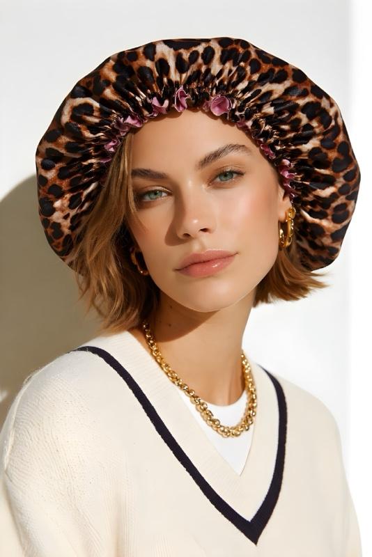 Reversible Leopard and Pink Pure Mulberry Silk Bonnet for Women's Stylish Headwear