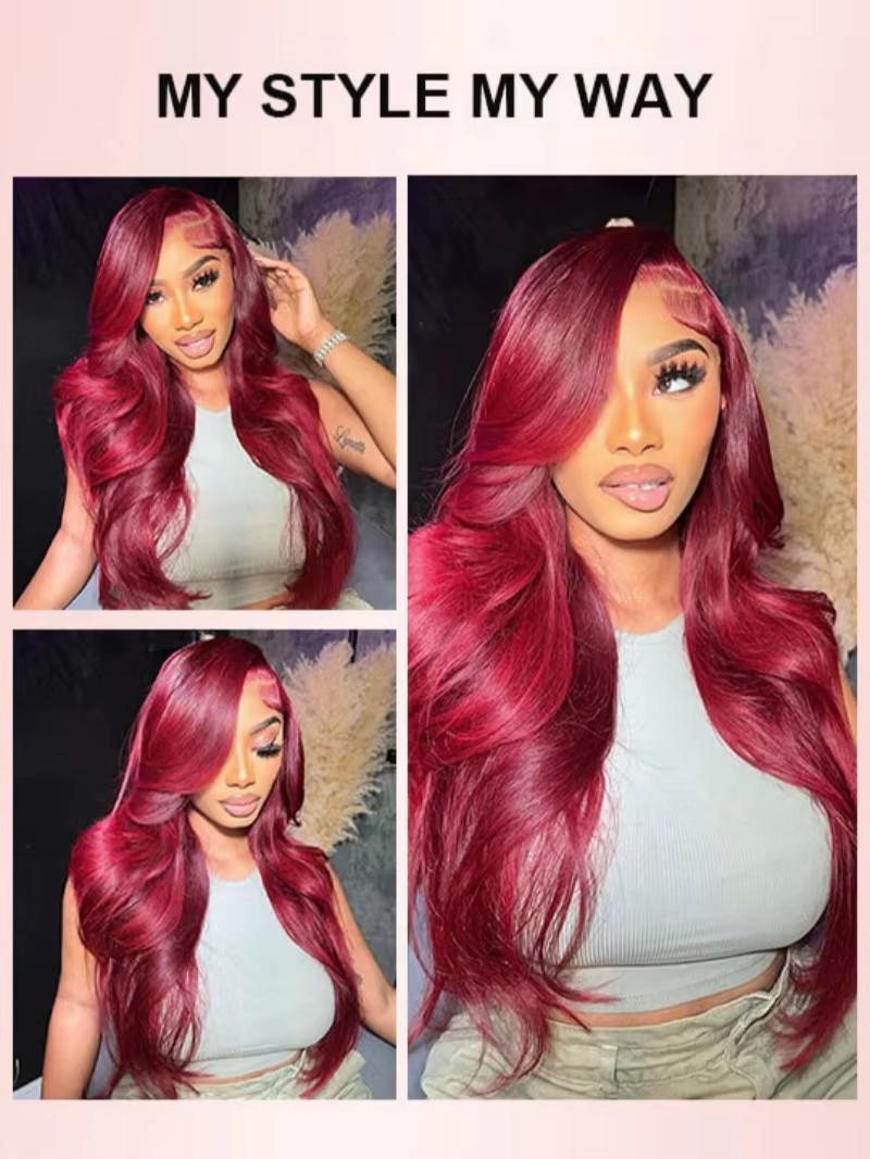 Tuneful 99j Burgundy Body Wave Hair Wig 13x6 HD Transparent Lace Front Wigs Human Hair 32Inch Burgundy Wig Human Hair 180% Density Brazilian Virgin Straight Human Hair Wigs for Women