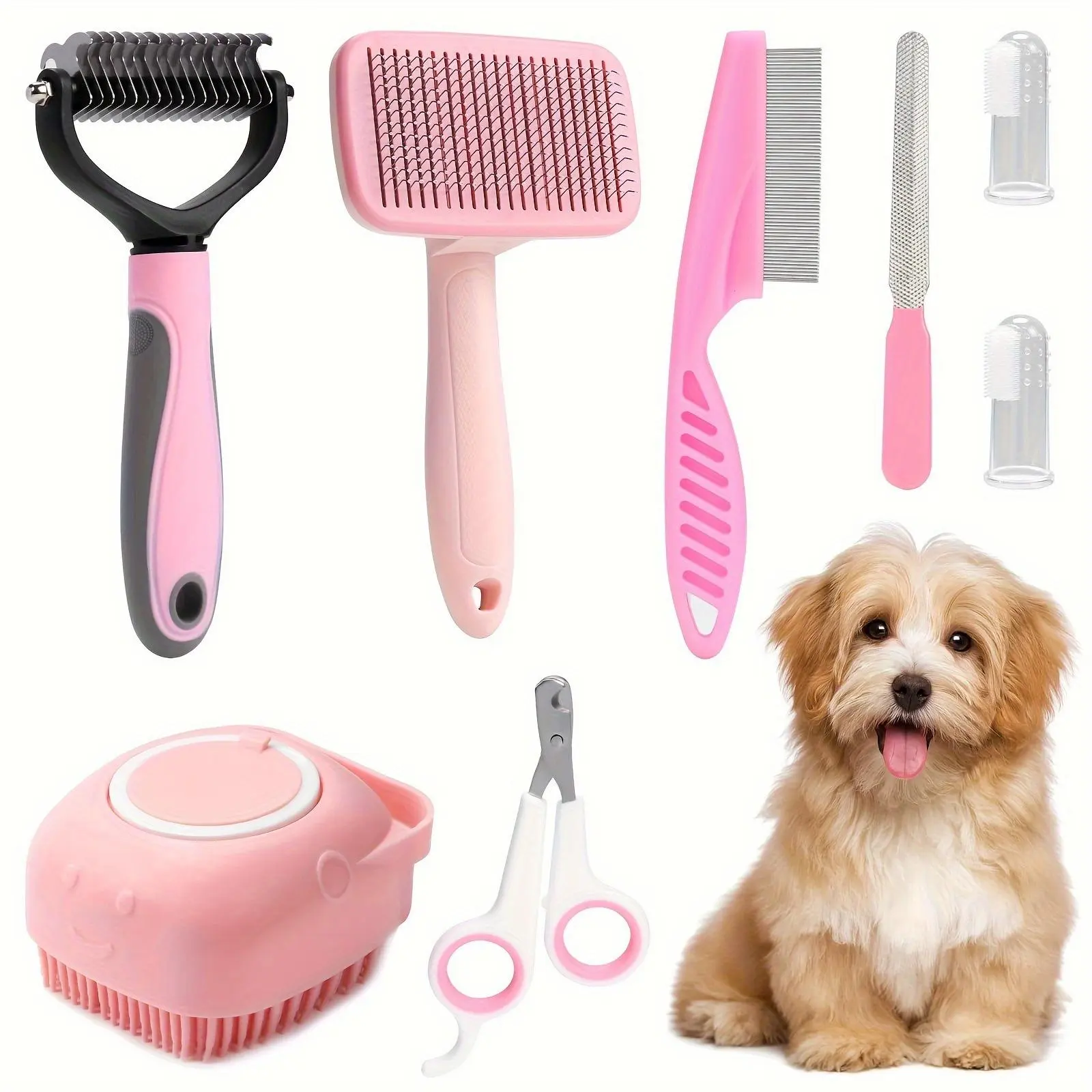 Dog & Cat 8-Piece Complete Grooming Kit - Stainless Steel Shed-Reducing Brush, Flea Comb, Nail Clippers, Grooming Gloves, Toothbrush - Durable & Easy to Clean, Saves Time & Money, Builds Trust & Bonding for Medium to Long-Haired Breeds