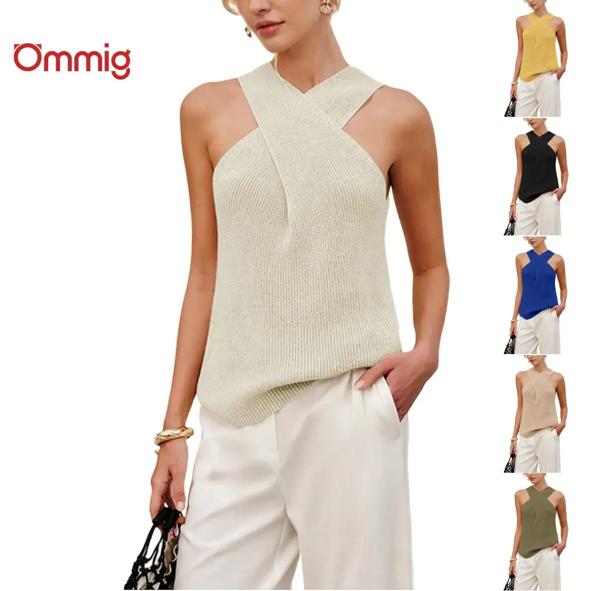 Ommig Women's Criss Cross-Front Halter Viscose Tank Top - Stretchy Retro Knit, Sleeveless, Fitted Cut, Sweet Elegant Solid, for Summer Evening Wear