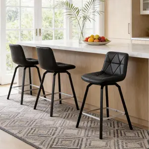 26" Counter Height 360° Swivel Bar Stools Set of 3, Triangular Patterned Faux Leather Seat, Metal Legs Back, Barstools for Kitchen Counter & Island Chairs