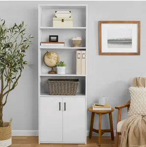 Traditional 5 Shelf Bookcase with Doors, Soft White Finish