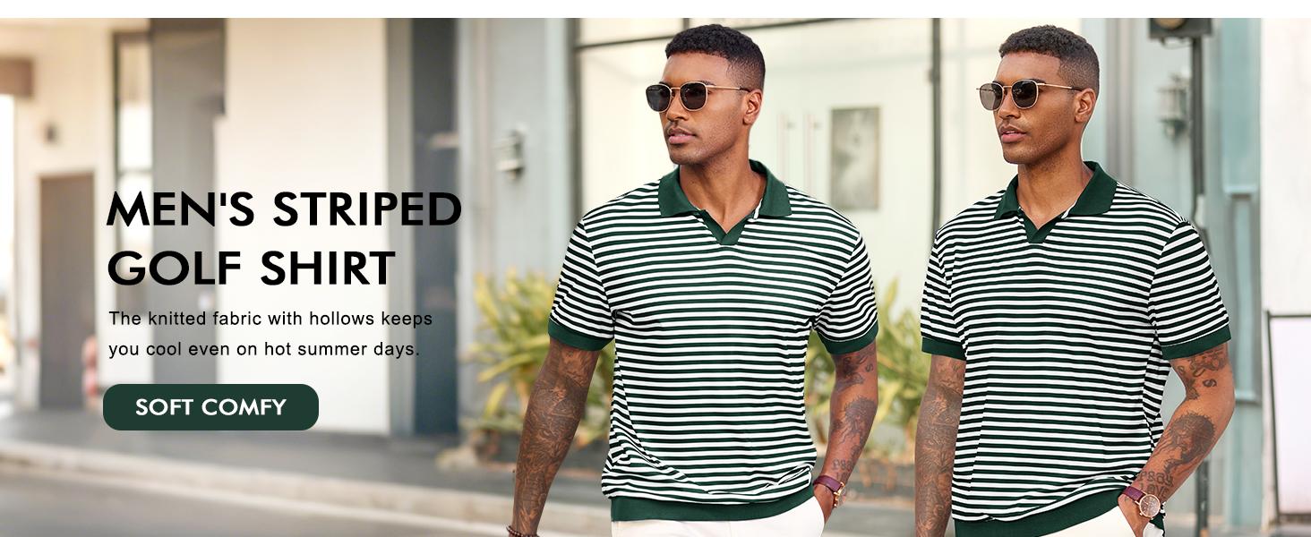 Runcati Mens Knit Polo Shirts Short Sleeve Striped V Neck Golf Shirt Classic Casual Summer Tops