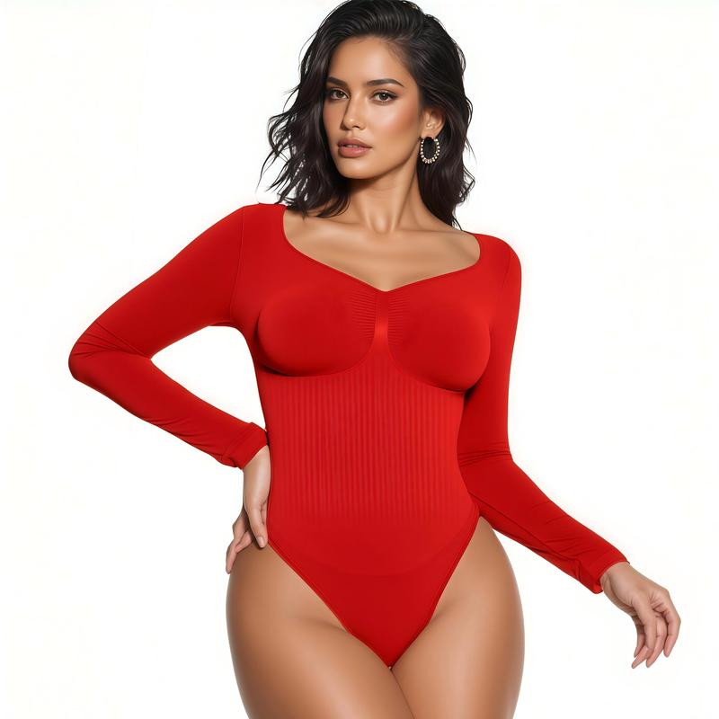 Women’s Seamless Shaping Bodysuit – Long Sleeve V-Neck Tummy Control Thong Shapewear, Sculpting Body Suit, Arm Shaper, Lightweight Compression Top, Fashion Nova Style, Body Leggings Look, Spring Wear