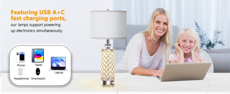 2Pcs 24" Table Lamps, Silver Crystal Nightstand Lamps with USB A+C Charging Ports, Bedside Lamps for Livingroom, Office, Study Room, Guest Room