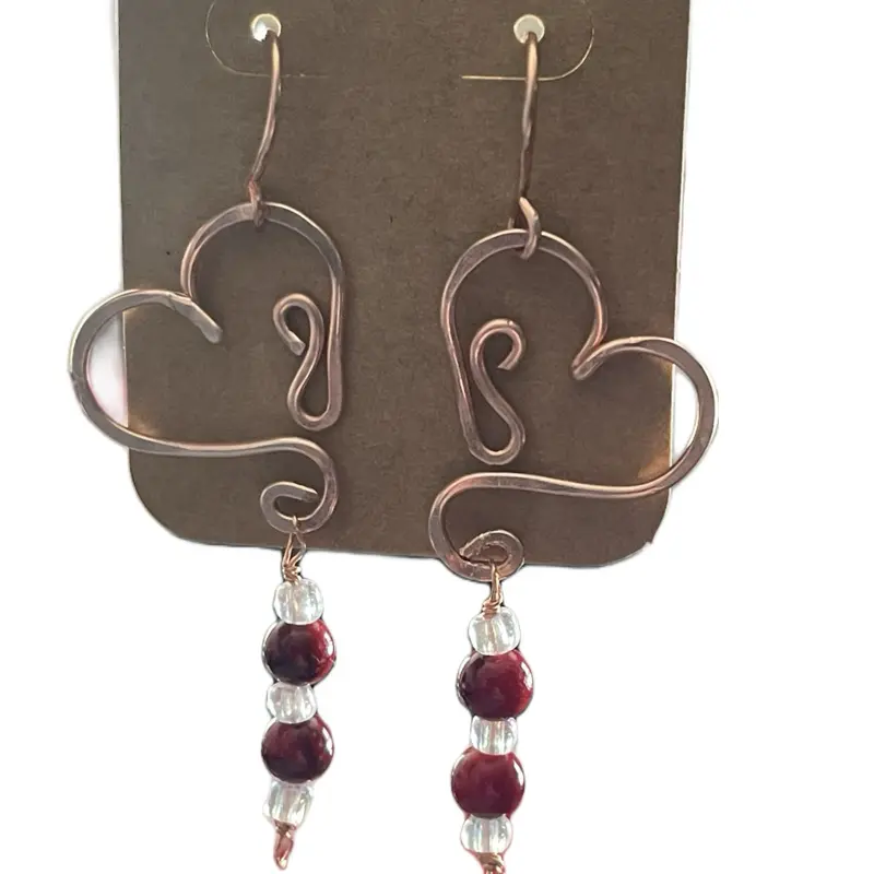 Handcrafted copper heart & red coral earrings