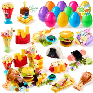JOYIN 12 Pcs Prefilled Easter Eggs with Food Building Blocks, Plastic Fast Food Building Eggs for Easter Theme Party Favors, Basket Stuffers for Boys Girls, Egg Hunt, Classroom Prizes for Kids