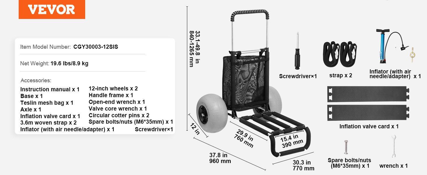 【FathersDayGift】VEVOR Beach Dolly with Big Wheels for Sand, 29.9" x 15.4" Cargo Deck, w/ 12" BIG Wheels, 165LBS Loading Capacity Folding Sand Cart & 27" to 44.7" Adjustable Height, Heavy Duty Cart for Beach VEVOR Super Brand Day