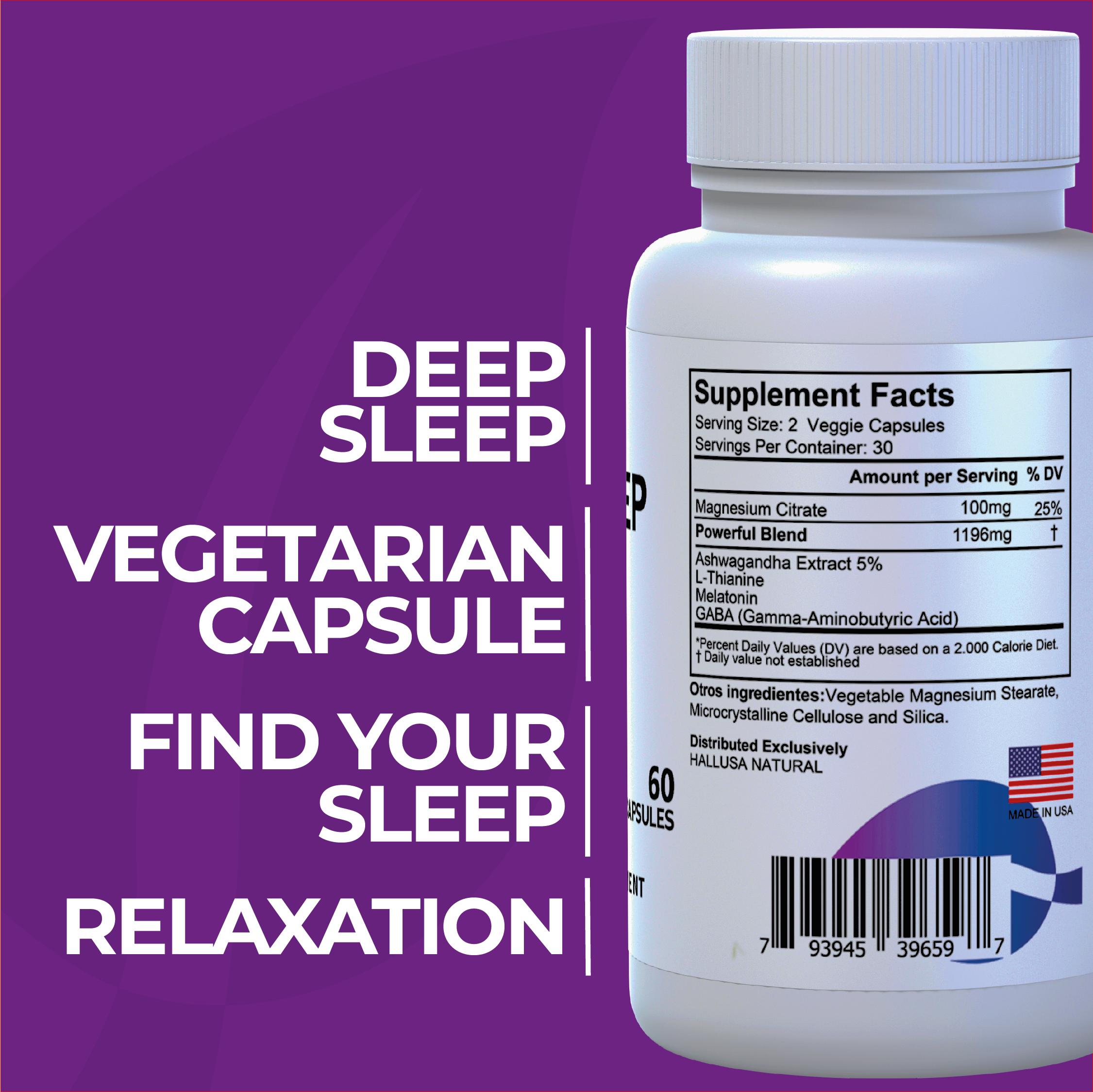 HallSleep Plus - Sleep, Calm & Relaxium - Ashwagandha Extract 5% - Melatonin, Magnesium Citrate - 60 cap - Dietary Supplement - GABA - HALLUSA NATURAL