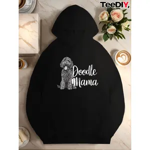 Women's dog lover, pet parent, Doodle dog enthusiast Graphic - Cotton Blend Black Long Sleeve Pullover Regular Fit |   Soft & Breathable Fabric, Durable Print, Everyday Comfort, Machine Washable, casual and cozy lifestyle setting with coffee, flowers, and