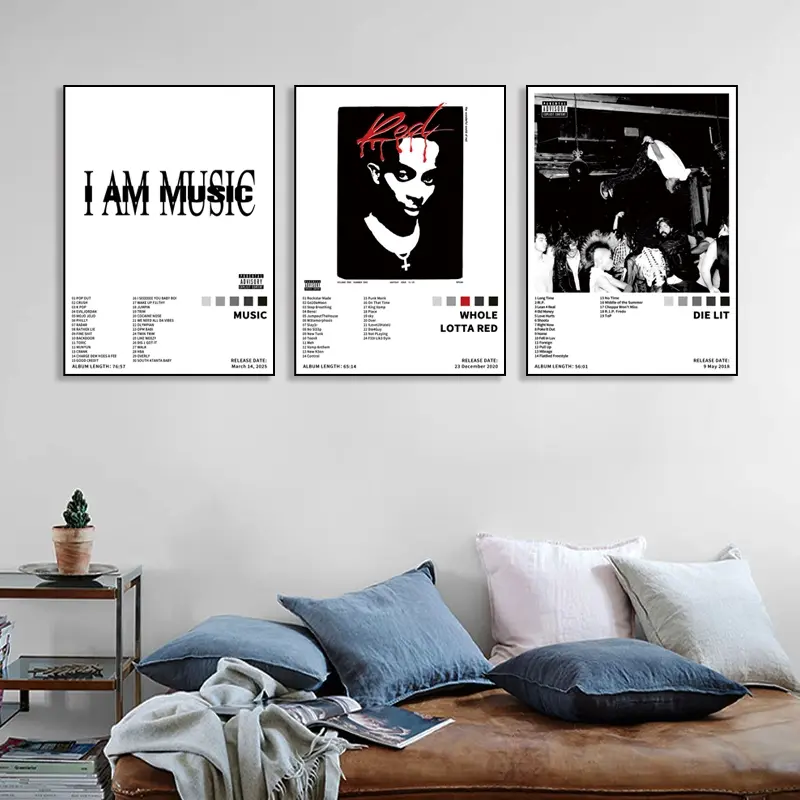 3-piece MUSIC/Die Lit/Whole Lotta Red Canvas Wall Art Poster Set, Unframed Art Print, Artwork, featuring R&B and pop music album decorations. Suitable for bedrooms, offices, living rooms, cafes, bars, dormitories, and for music lovers. Frameless.