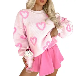 Znacicc Sweet & Cozy Winteroutfit Sweater: Women's Light Pink Baggy Knit Top with Fuzzy Heart Embroidery and Bubble Sleeves for Casual Wear