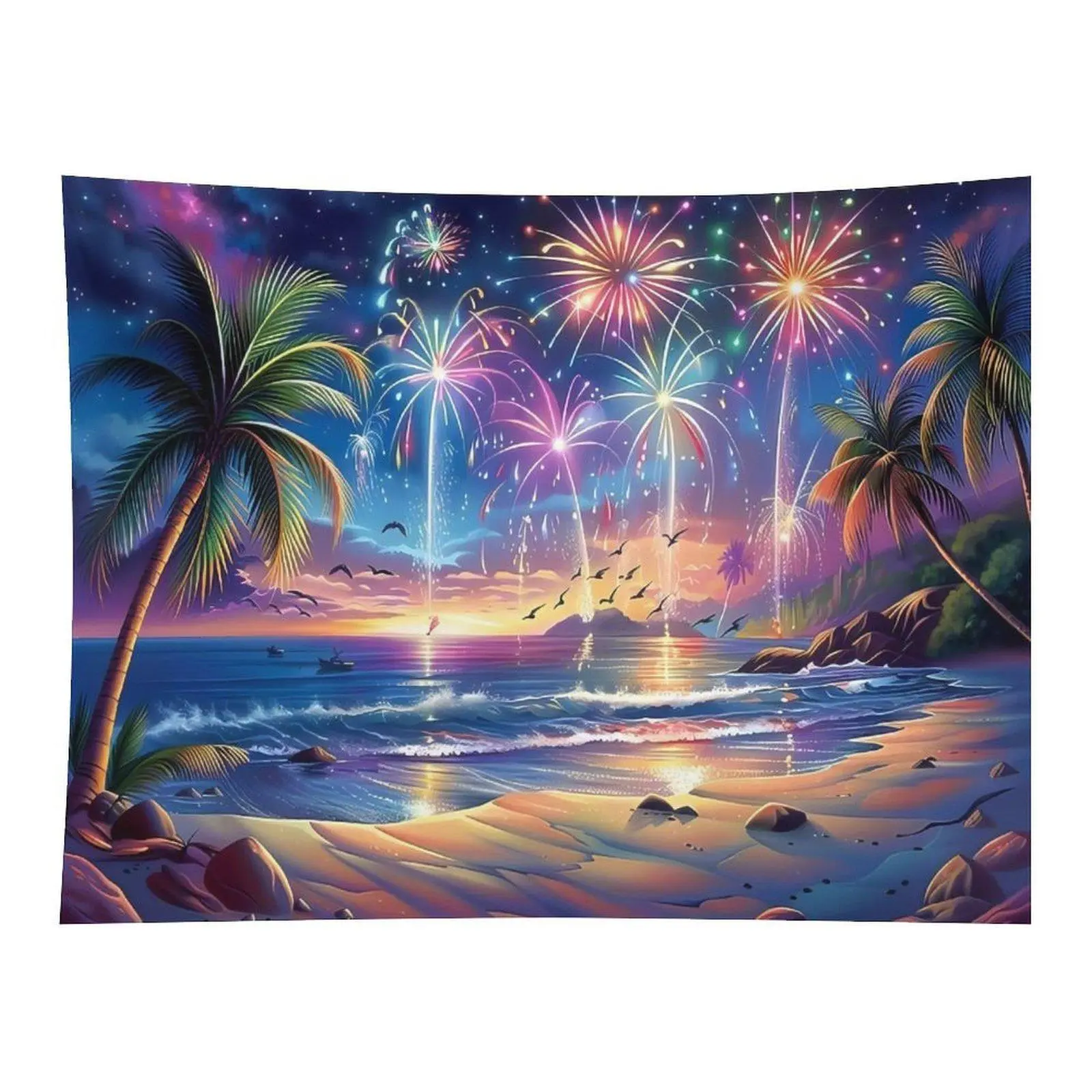 Tropical Beach Sunset Tapestry - Palm Tree, Ocean, Seaside, Colorful Fireworks, Starry Sky Design - Summer Vacation Themed Wall Hanging Home Decor for Room Decor