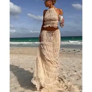 2 PCS Hanging Neck And Strapless Long Sleeveless Suit, Sexy Irregular Hem Flowing Skirt, Suitable For Parties, Dinners, Beaches