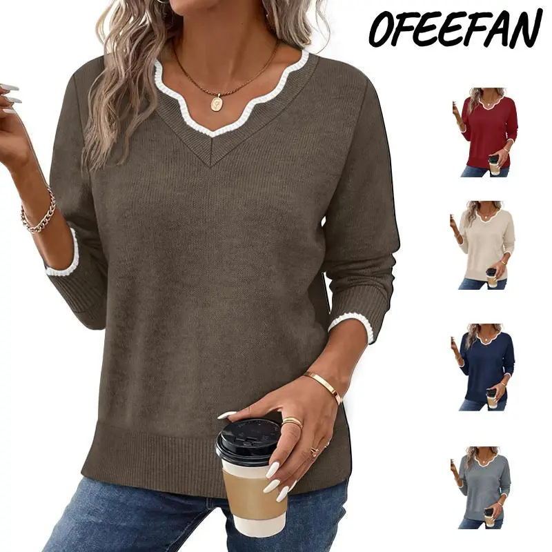 OFEEFAN Women's Soft V-Neck Pullover Sweater Lightweight Knit Top for Layering Casual Apricot Longsleeves