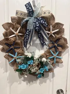 Nautical Burlap Wreath, Starfish, Anchor Bow, Coastal Beach Decor