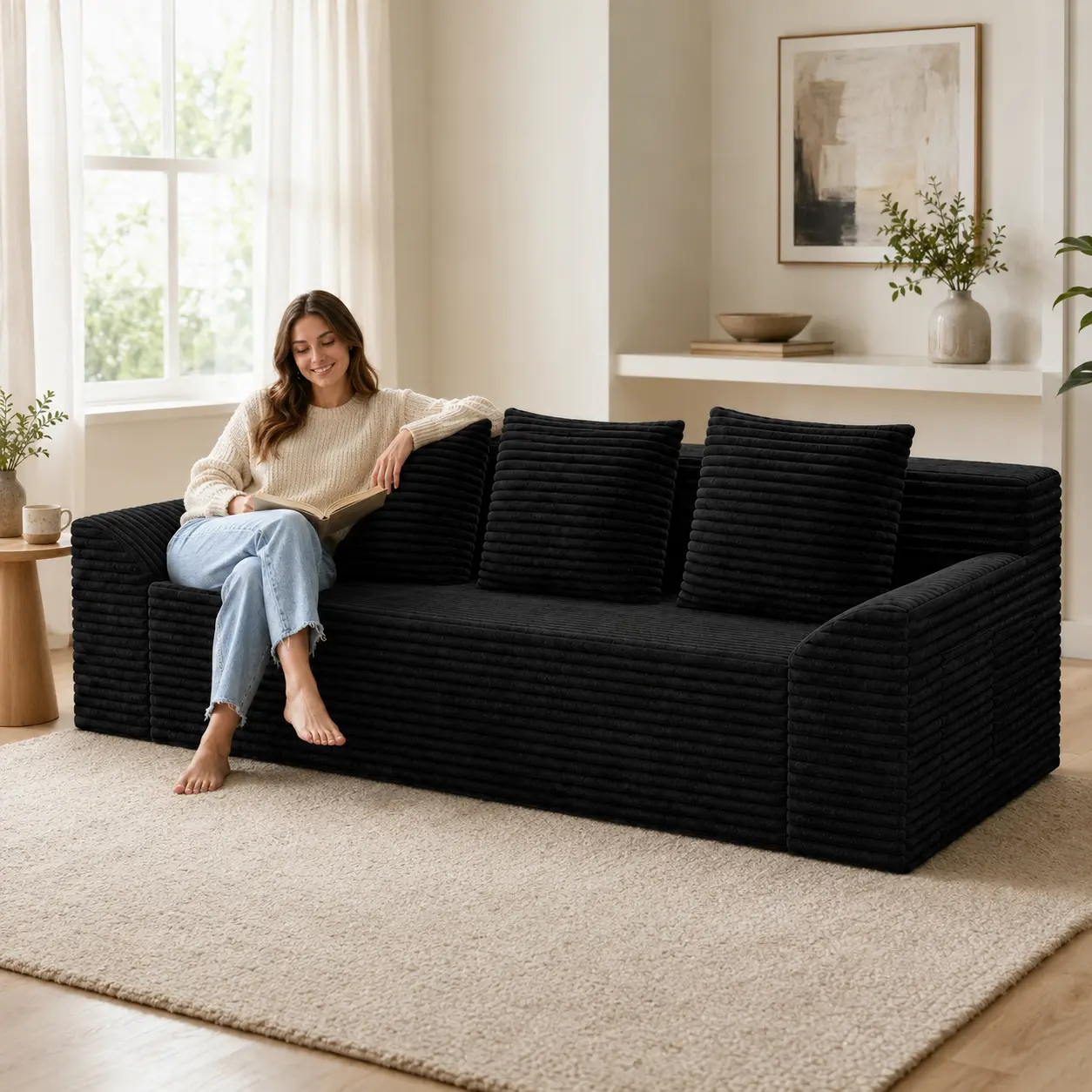 71" Rectangular Ribbed Texture Black Modular Sofa - Sturdy 3-People Corduroy Sofas for Living Room, Pre-Assembled Deep Seat with Fixed Arms, Cushion Back Pillows for Small Spaces Apartments