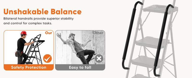 Step Ladder,  Folding Step Stool with Wide Anti-Slip Pedal, Sturdy Steel Ladder, Dual Handrail, Lightweight, Portable Steel Step Stool for Home Clean, Maintenance, House Work, Kitchen, Painting