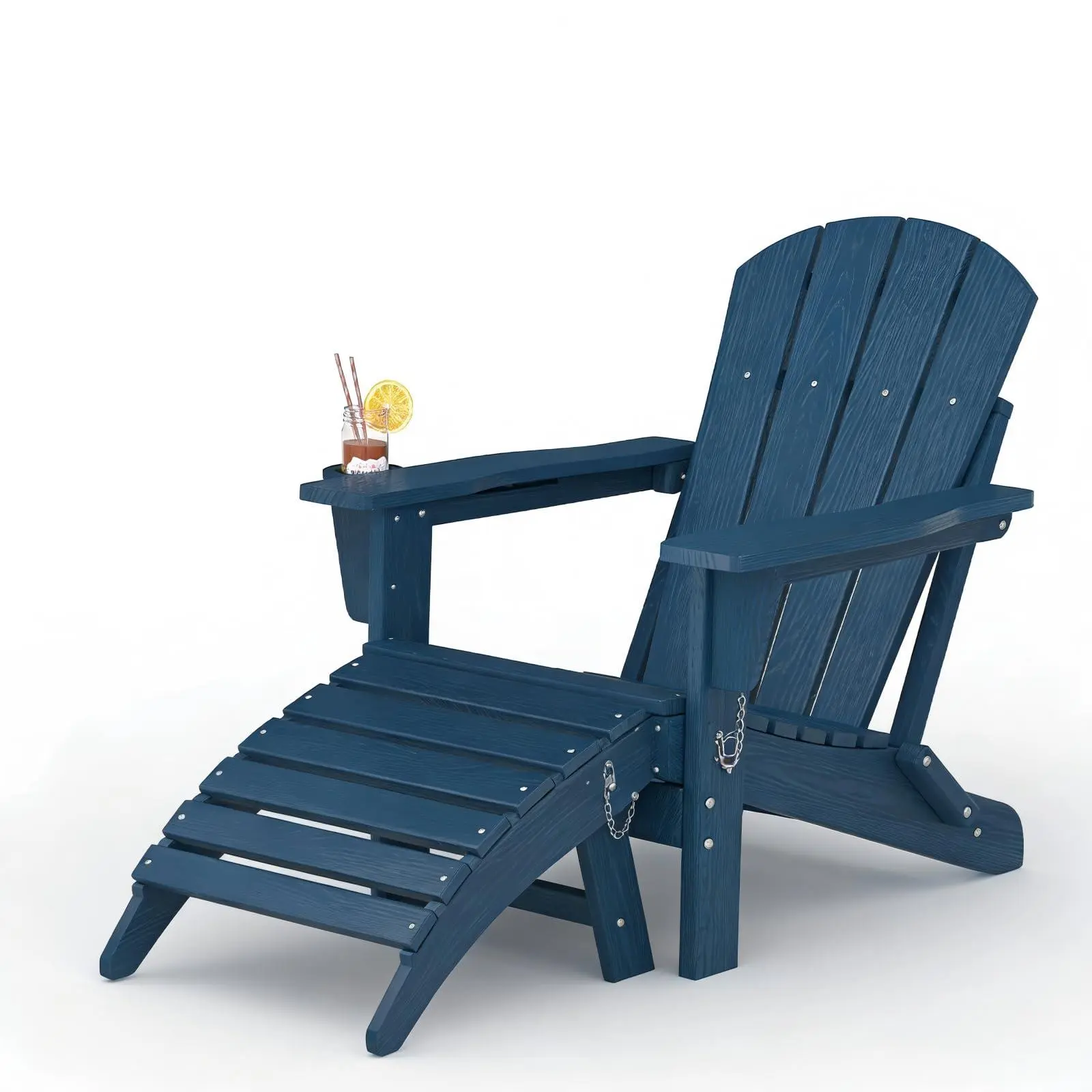 Gaomon Folding Adirondack Chair with Ottoman for Adults, Ergonomic Sturdy HDPE Plastic Outdoor Chair, Wood Grain Finish, Cup Holder, Wide Armrest, Fadesafe Outdoors, Moisture Resistant, for Patios, Stable