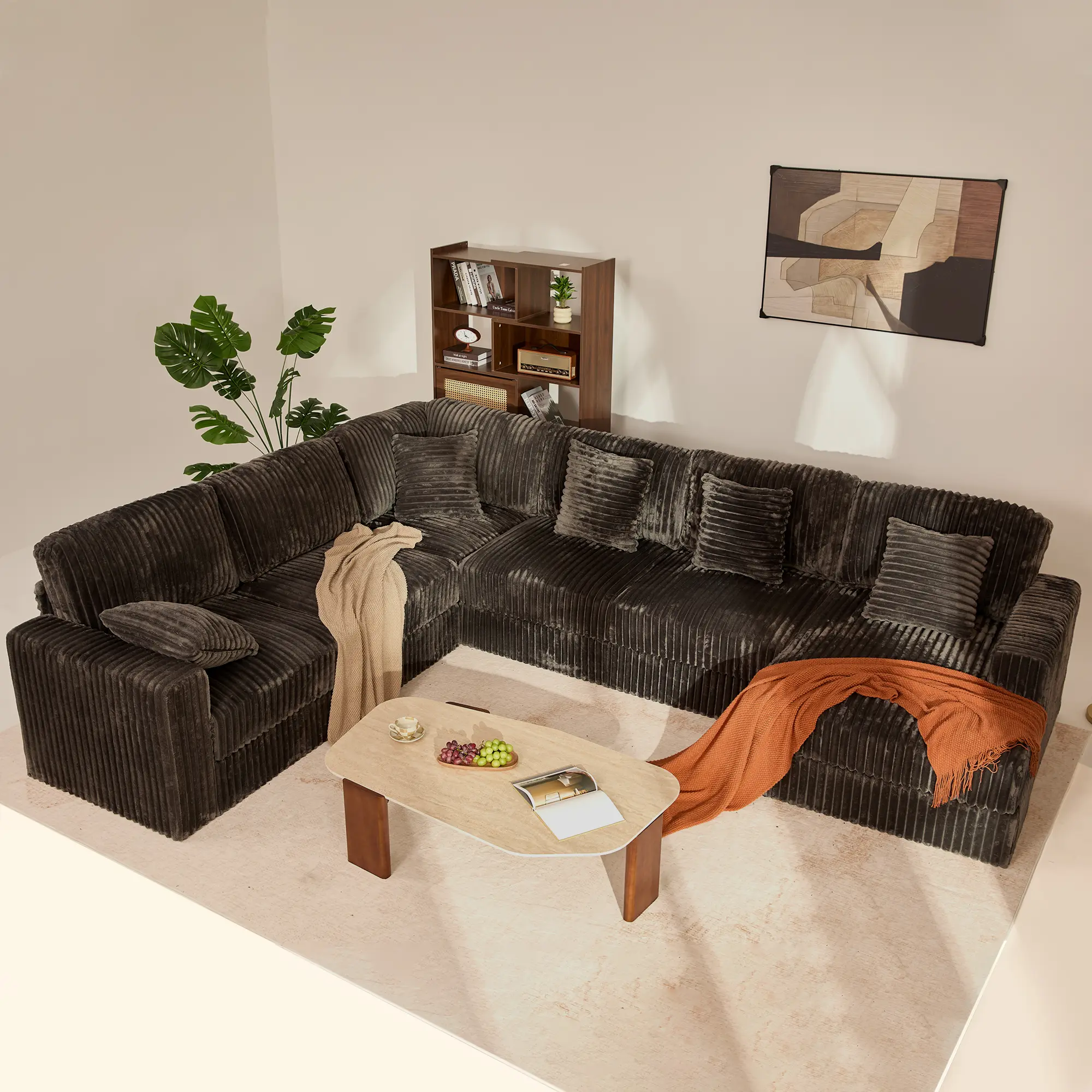 【6 Packages Shipping】Queen Sofa,Cloud Couch 139" U-Shaped Sectional Sofa, Oversized 7-Seater Modular Couch with Corduroy Upholstery, Deep Seats, High Backrest & Pocket Spring Cushions for Living Room, Right Facing Chaise
