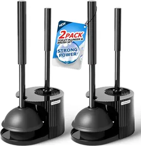 2Pack 2 in 1 Toilet Brush and Plunger Set, Extended Handle Plunger,Toilet Bowl Brush Plunger Set,Bathroom Cleaning Tools,Toilet Brush Plunger Combo,Cleaning Supplies，Black