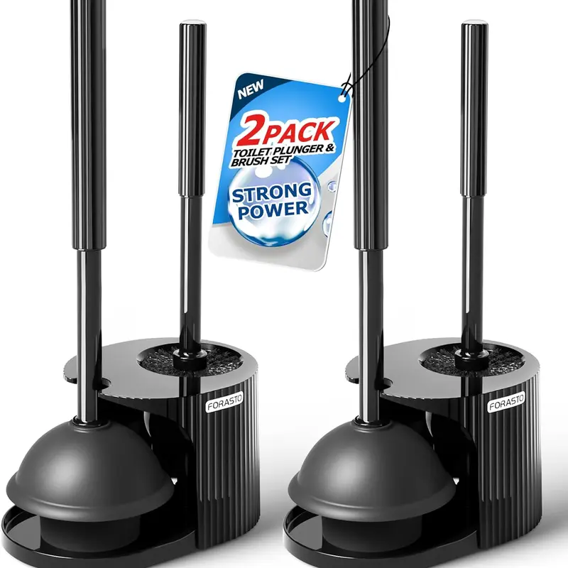 2-Pack 2-in-1 Toilet Brush & Plunger Set, Extended Handle Toilet Plunger, Toilet Bowl Cleaning Brush, Bathroom Cleaning Tool, Toilet Brush Plunger Combo, Black