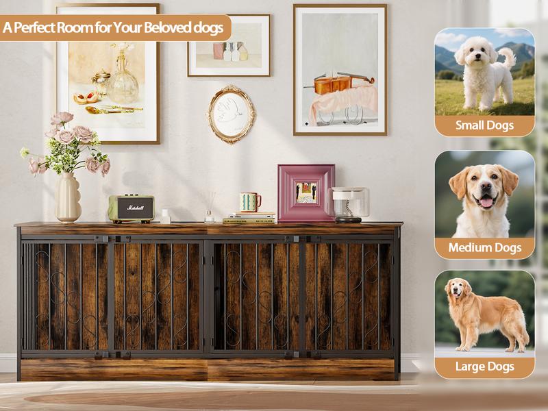 71 Inch Double Dog Crate Furniture Large Breed for 2 Dogs, Decorative Wooden Dog Crates Indoor Dog Kennel TV Stand for Medium Dogs, Dog Cage Furniture Heavy Duty Pet House with Divider, Brown
