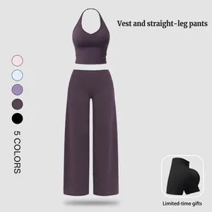 Women's Fitness Set Two-Piece Strappy Crop Top with Straight-Leg Pants Gym Workout Wear Pilates Set Stylish Strappy V-Neck Top for Outings The Ultimate Choice for Fitness and Casual Wear