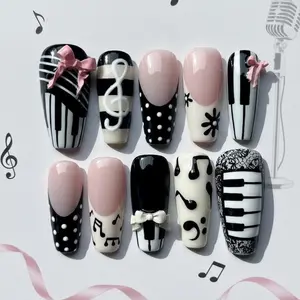 SA13 Piano Music Theme Press-On Nails, Black and White Keyboard Design with Treble Clef, Notes and Cute Bow Accent, Elegant Music Lover Handmade Nail Set, Gift for Her, Handmade Press-On Nails
