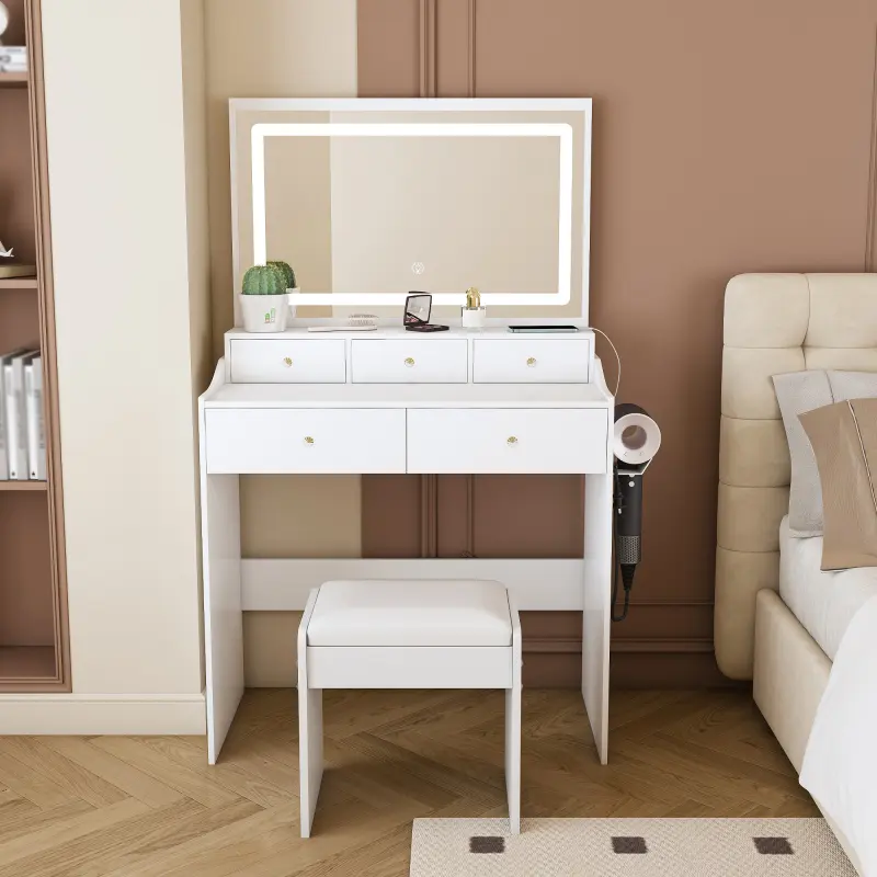 Modern White Makeup Vanity Desk - Adjustable Multi-Color Bright LED Built-In Light Bar Makeup Vanity, Built-In Mirror Bedroom Furniture with Power Outlet, Hair Dryer Holder, 5 Drawers, 3 Lighting Colors, Adjustable Multi-Color Makeup Vanities
