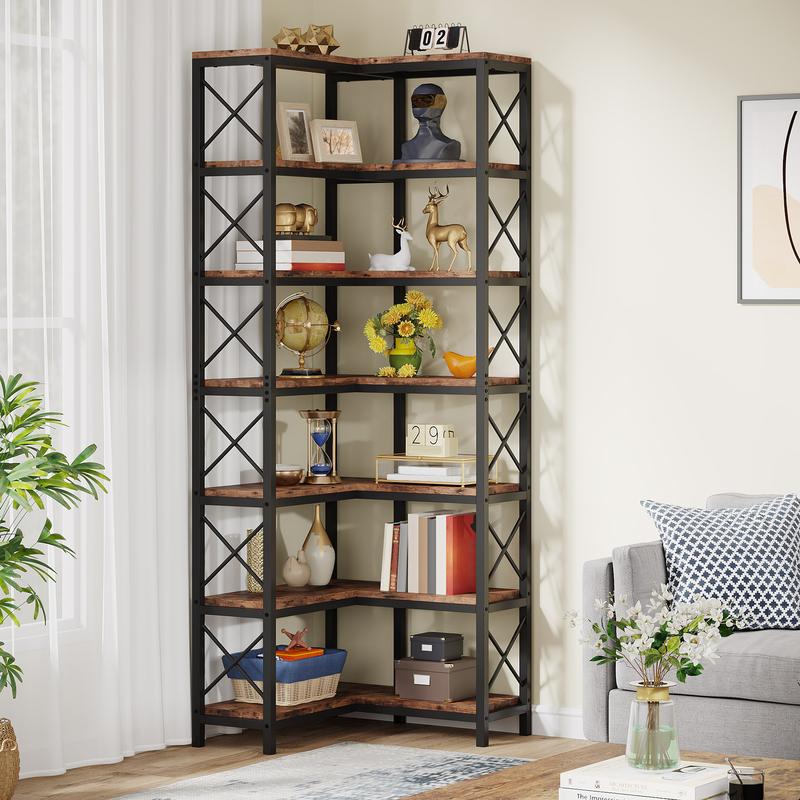 Tribesigns 7-Shelf Corner Bookshelf, Large Industrial Corner Bookcase Corner Shelf