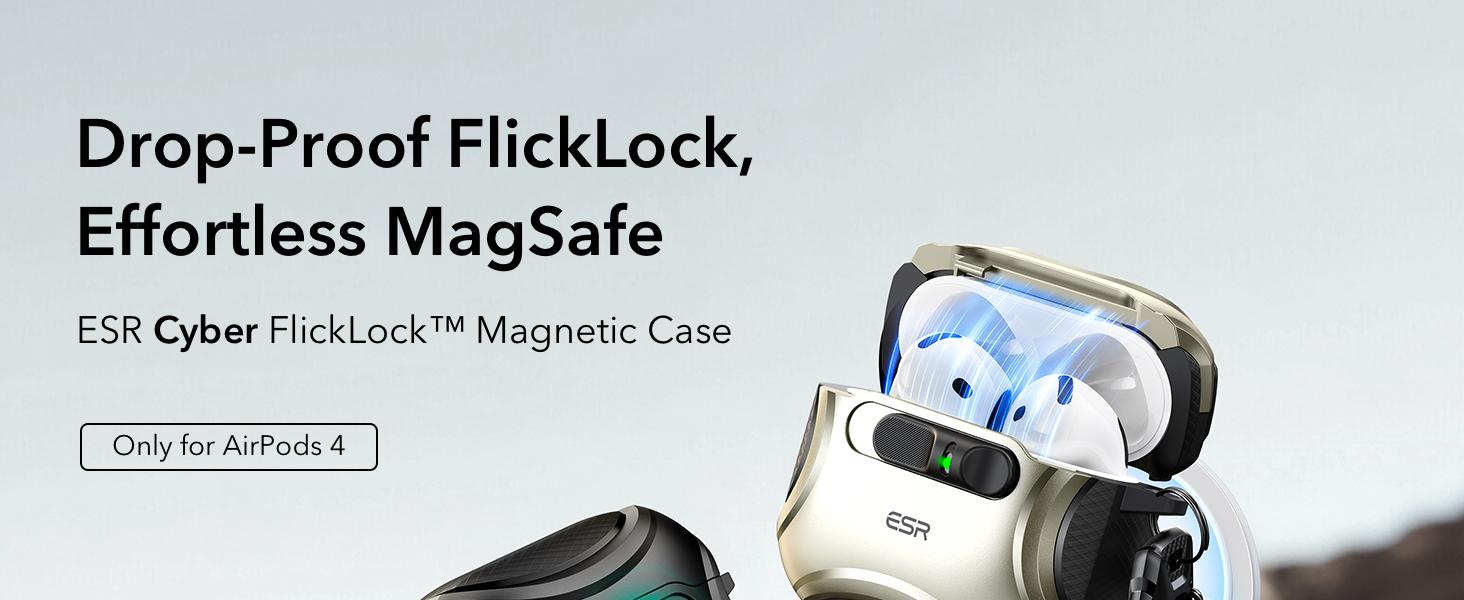 ESR FlickLock Magnetic Case for AirPods 4 & AirPods Pro (1st/2nd/3rd Gen), MagSafe Protective Case, Drop-Proof Lock, Easy-Open Design, Cyber Series