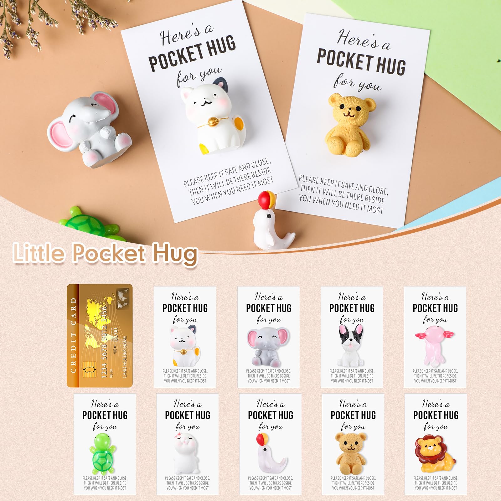 9/20/50 Pcs Pocket Hug for Easter Basket Stuffers Mini Resin Animals with Card Easter Party Gifts for Students Friends Easter Exchange Gift Employee Appreciation Gift Inspirational Gifts for Family Colleagues Thanksgiving Day Gift